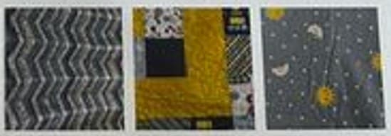 Three blanket fabrics: a chevron fleece, a patchwork quilt and a moon-and-stars print